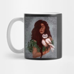 Young Dark Hair Fairy Witch in Belladonna Dress Holding Barn Owl With Gold Tulip Leash Mug